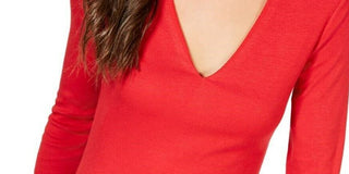 INC Women's Solid 3/4 Sleeve V Neck T-Shirt Top  Red Size  Petite L