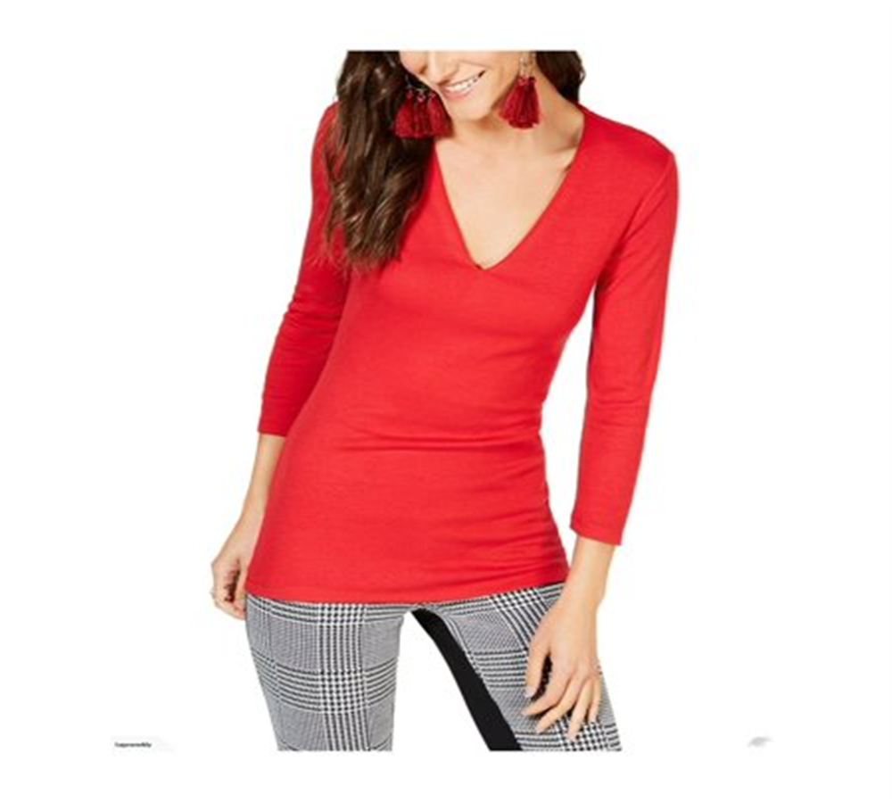 INC Women's Solid 3/4 Sleeve V Neck T-Shirt Top  Red Size  Petite L