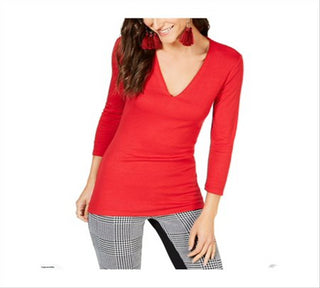 INC Women's Solid 3/4 Sleeve V Neck T-Shirt Top  Red Size  Petite L