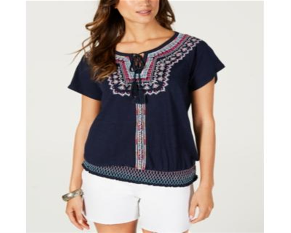 Style & Co Women's Embroidered Peasant Blouse  Blue Size XS