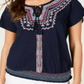 Style & Co Women's Embroidered Peasant Blouse  Blue Size XS