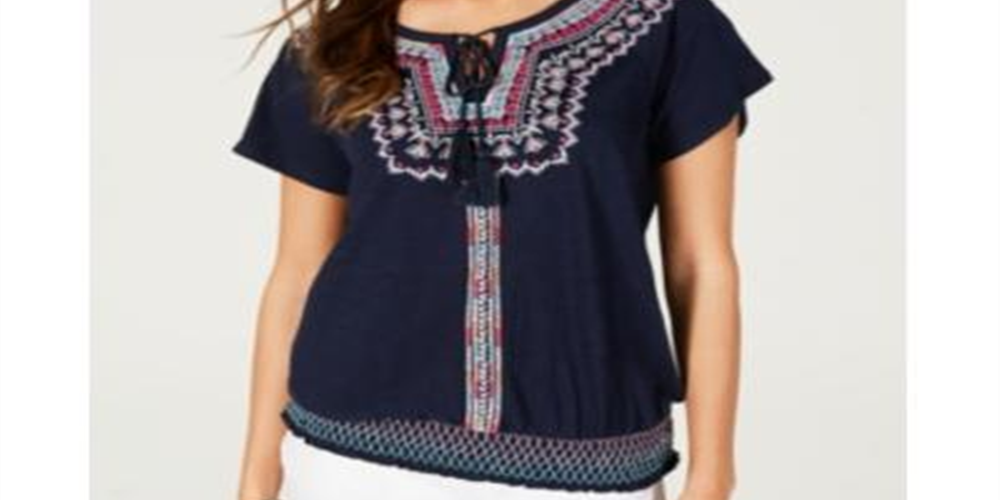 Style & Co Women's Embroidered Peasant Blouse  Blue Size XS