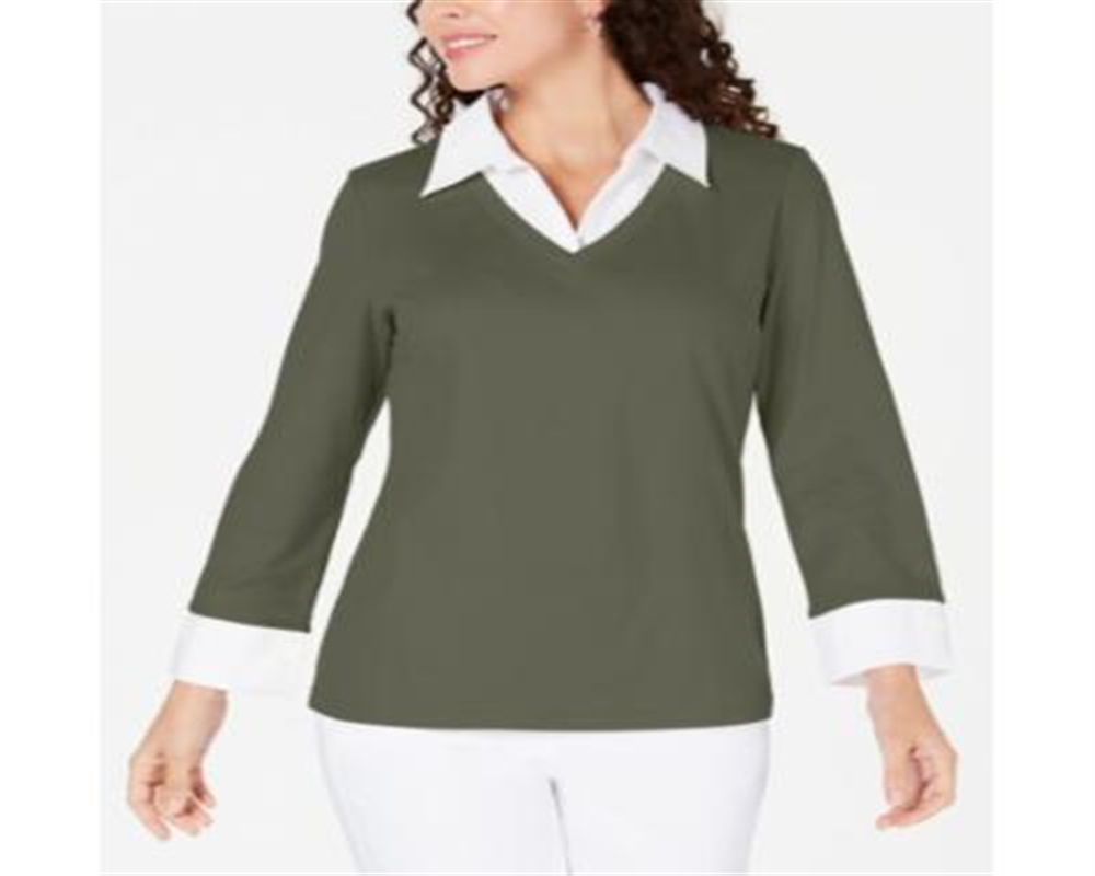 Karen Scott Women's Layered Look Cotton Top Green Size -S