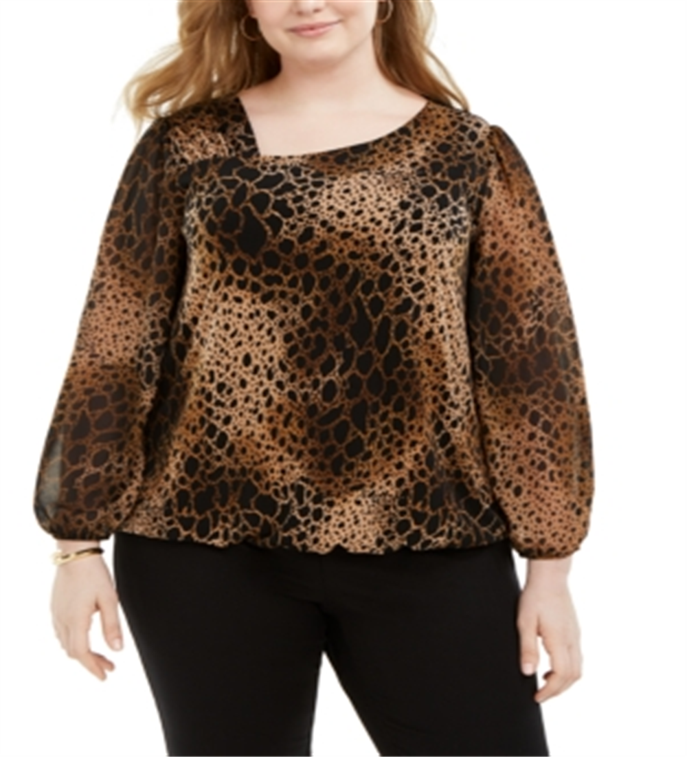 Alfani Plus Size Animal-Print Asymmetrical-Neck Top Animal-Print, Black Size 2X