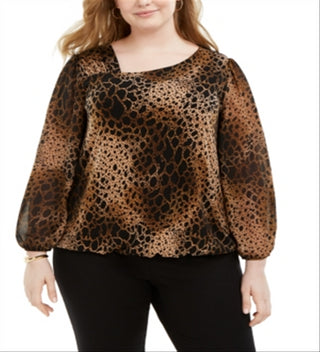 Alfani Plus Size Animal-Print Asymmetrical-Neck Top Animal-Print, Black Size 2X