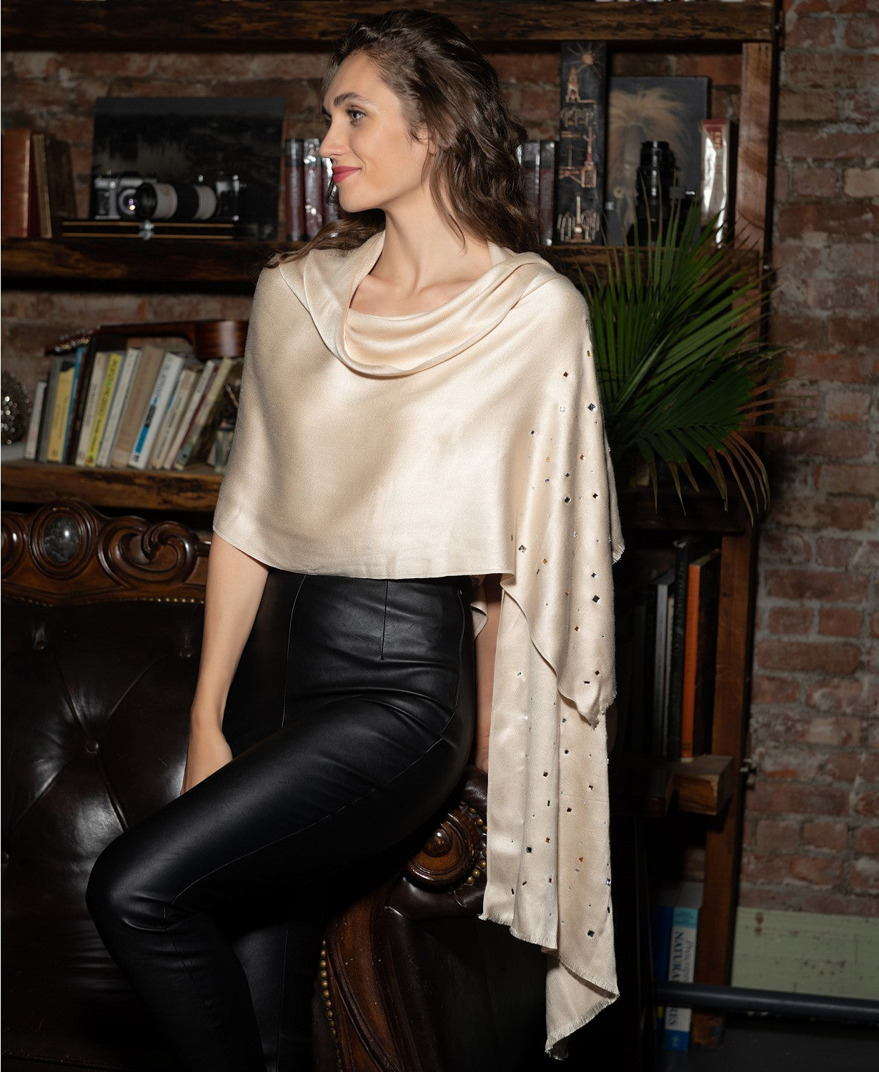 INC Women's Confetti Gemstone Pashmina Scarf Bel Vedere Cream One Size