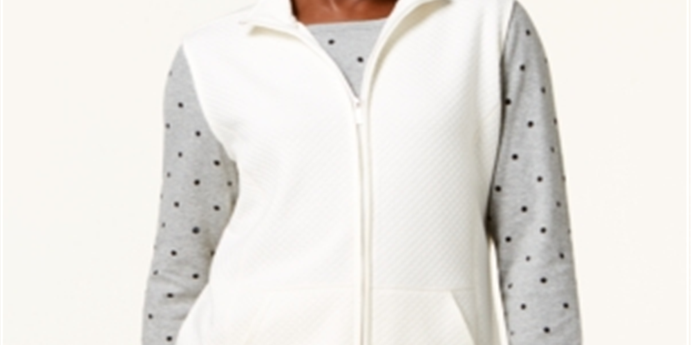 Karen Scott Women's Petite Quilted Zip-Front Fleece Vest  Eggshell White Size Petite S