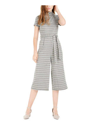 Bebop Women's Belted Plaid Short Sleeve Mock Jumpsuit Juniors Green Size Medium