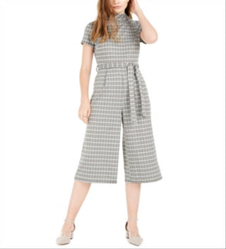 Bebop Women's Belted Plaid Short Sleeve Mock Jumpsuit Juniors Green Size Medium