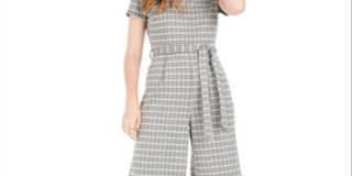 Bebop Women's Belted Plaid Short Sleeve Mock Jumpsuit Juniors Green Size Medium