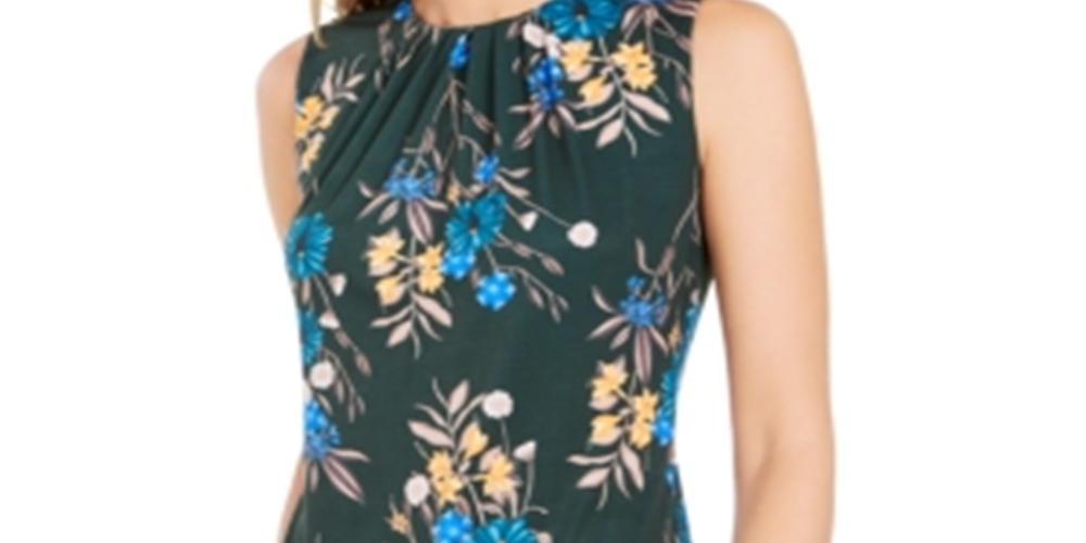 Calvin Klein Women's Floral Print Pleat Neck Top Green Size XL