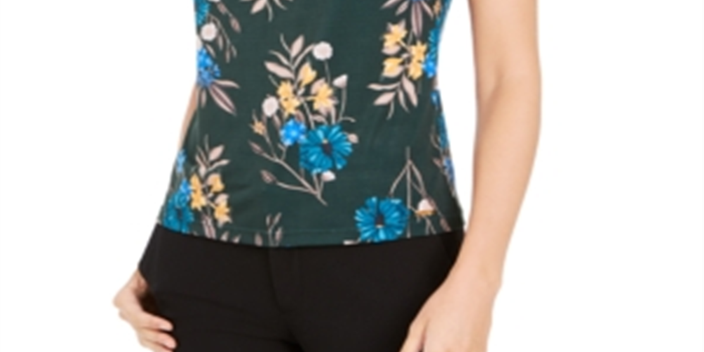 Calvin Klein Women's Floral Print Pleat Neck Top Green Size XL