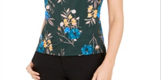 Calvin Klein Women's Floral Print Pleat Neck Top Green Size XL