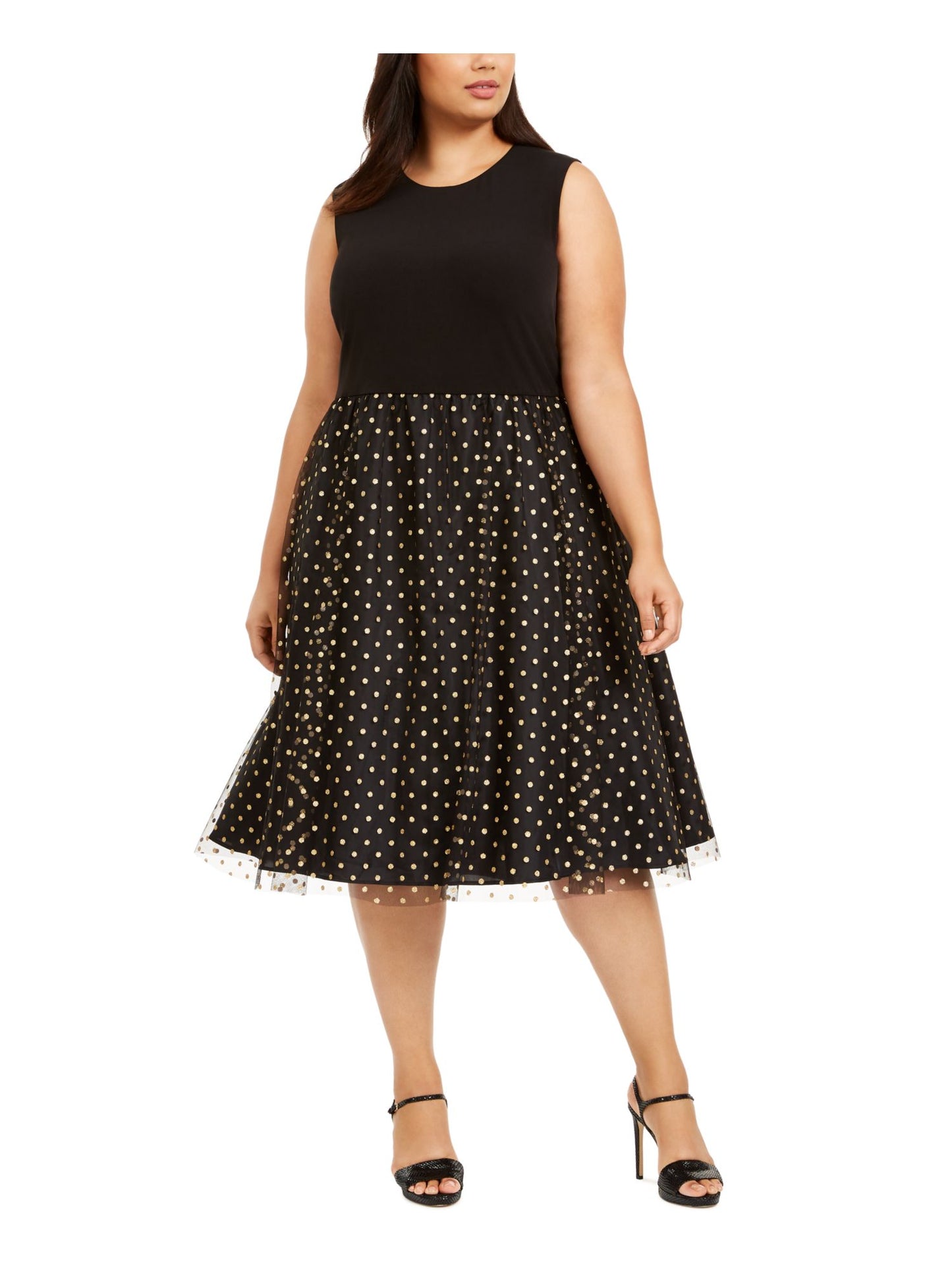 Calvin Klein Women's Plus Clip Dot Fit Flare Dress Black Size14W
