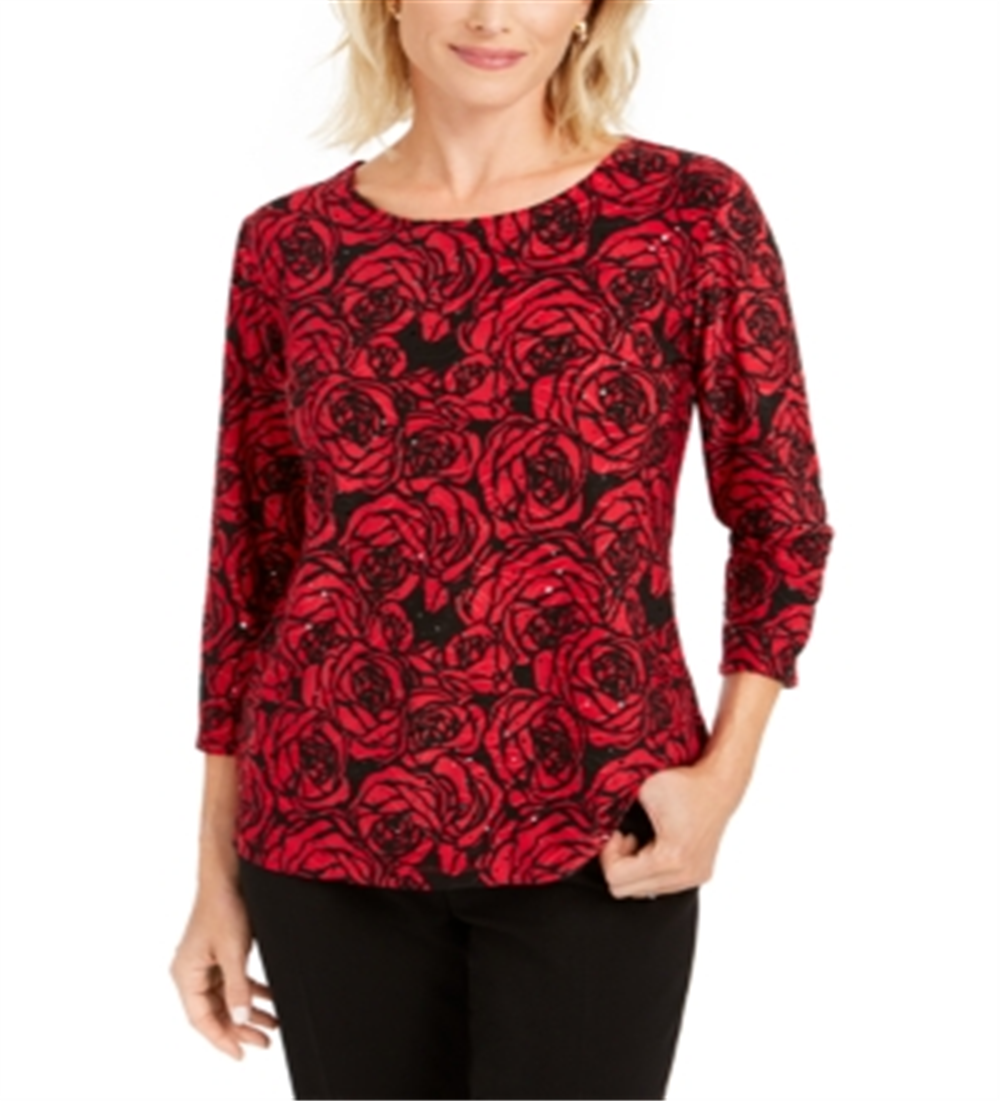JM Collection Women's Printed Jacquard Top Red Size Petite XL