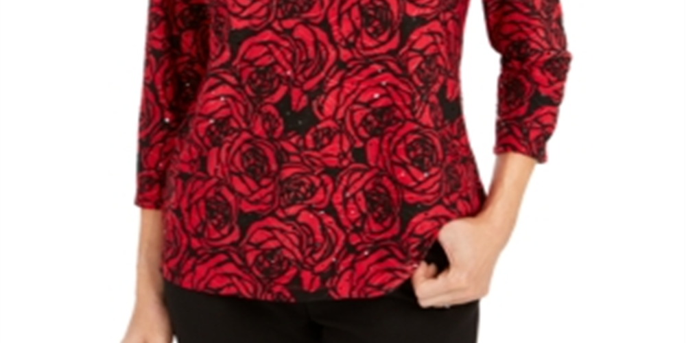 JM Collection Women's Printed Jacquard Top Red Size Petite XL