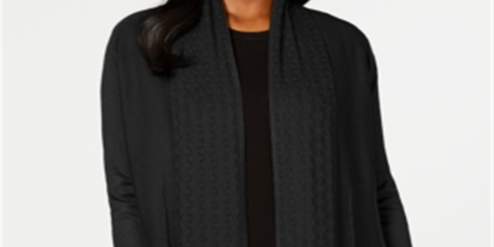 Karen Scott Women's Petite Pointelle-Collar Cardigan  Black Size Petite S