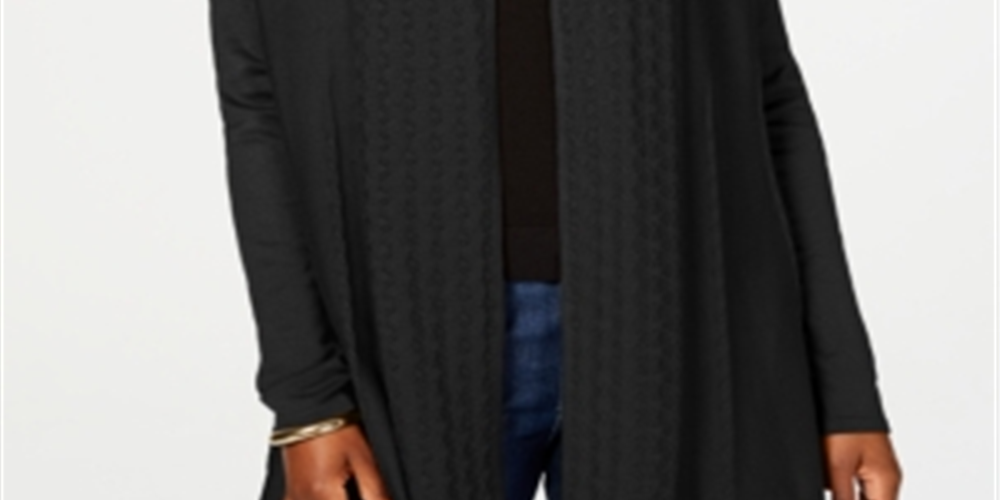 Karen Scott Women's Petite Pointelle-Collar Cardigan  Black Size Petite S