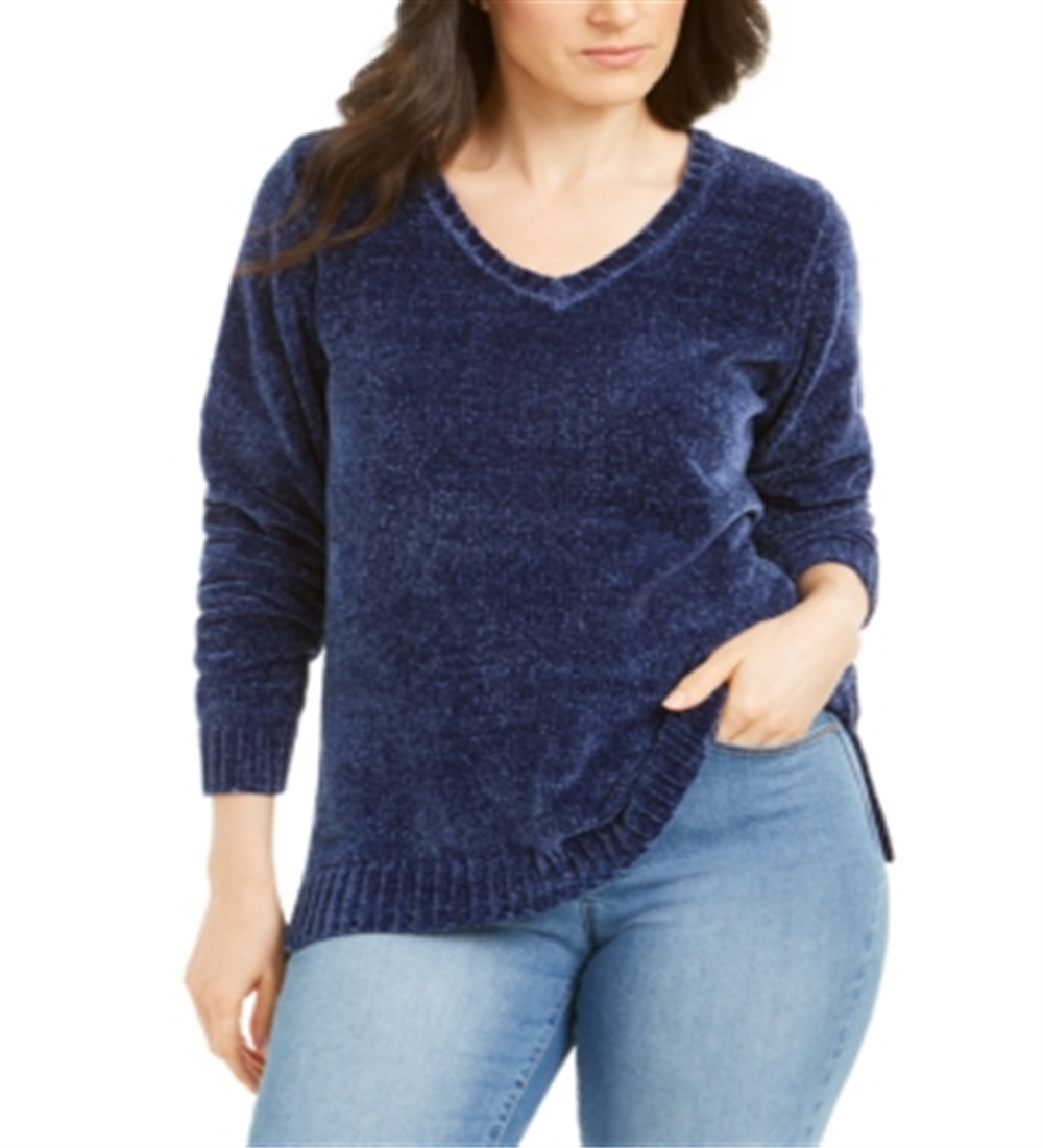 Karen Scott Women's V Neck Chenille Sweater Blue Size Petite L