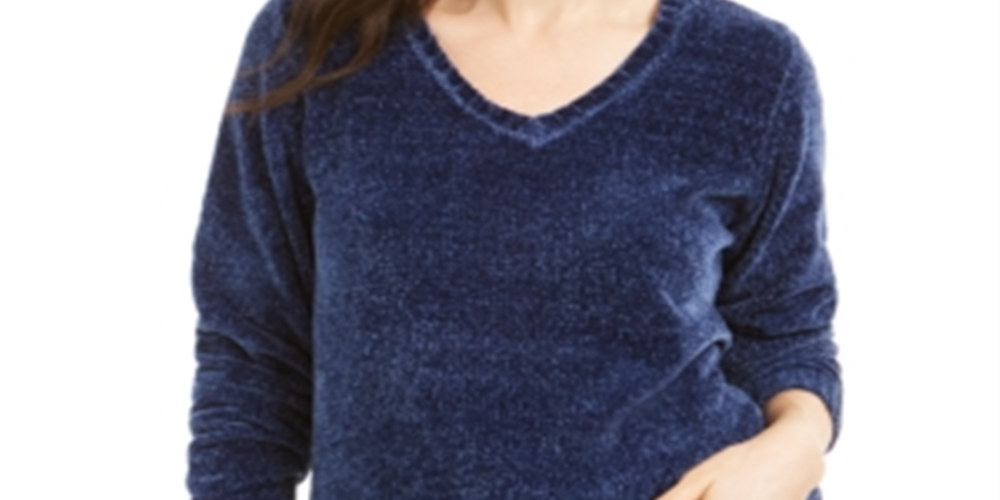 Karen Scott Women's V Neck Chenille Sweater Blue Size Petite L