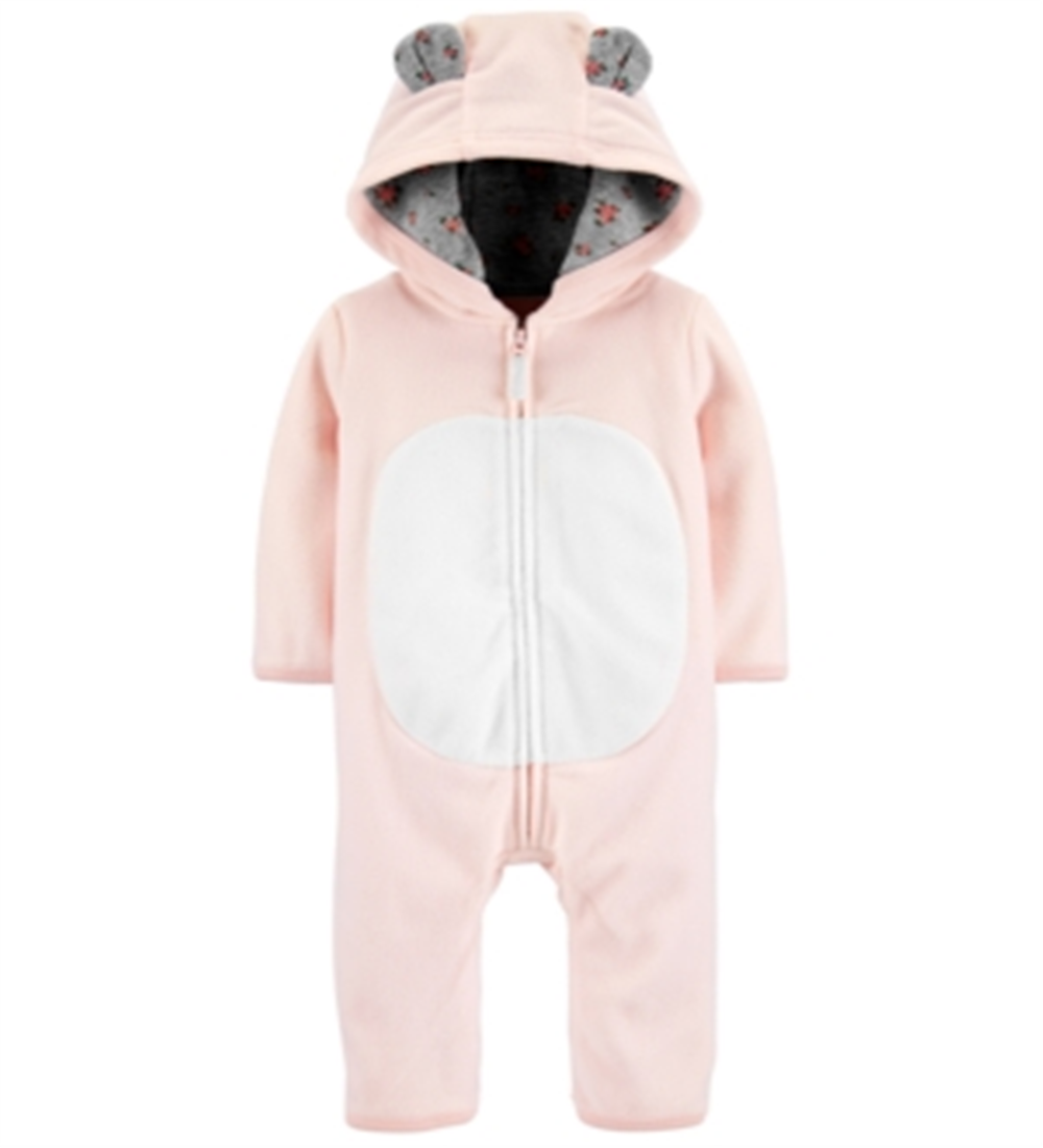 Carter's Girls' Jumpsuits Pink - Pink & Gray Floral Bear Ears Hooded Fleece Playsuit Infant Pink Size 12MOS