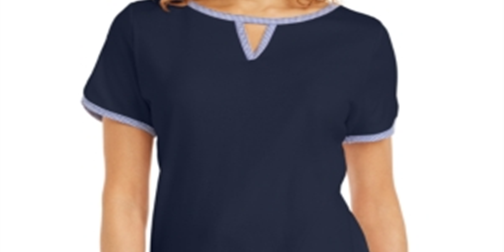 Karen Scott Women's Contrast Trim Keyhole Top Blue Size Small