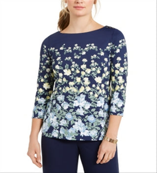 Charter Club Women's Floral-Print Boat-Neck Top  Blue Size Small
