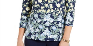 Charter Club Women's Floral-Print Boat-Neck Top  Blue Size Small