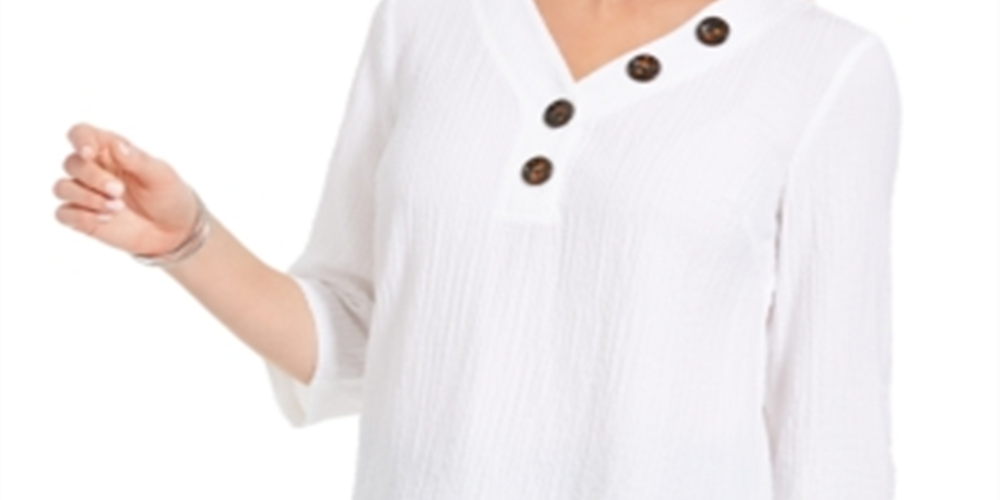JM Collection Women's Crinkle Button Neck Top White Size XX-Large