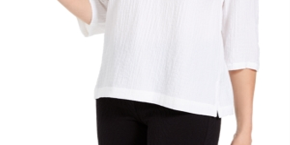 JM Collection Women's Crinkle Button Neck Top White Size XX-Large