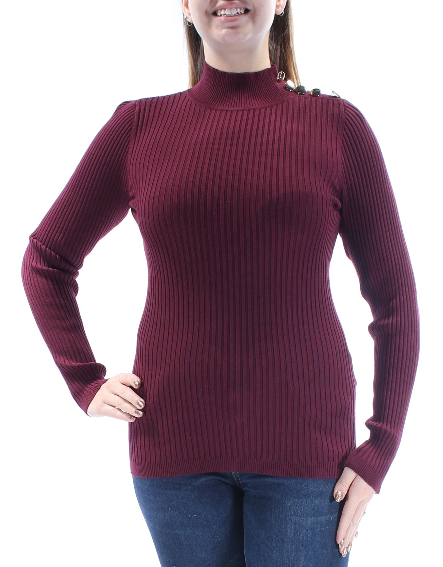 INC International Concepts Women's Mock neck Button trim Sweater Maroon Size L