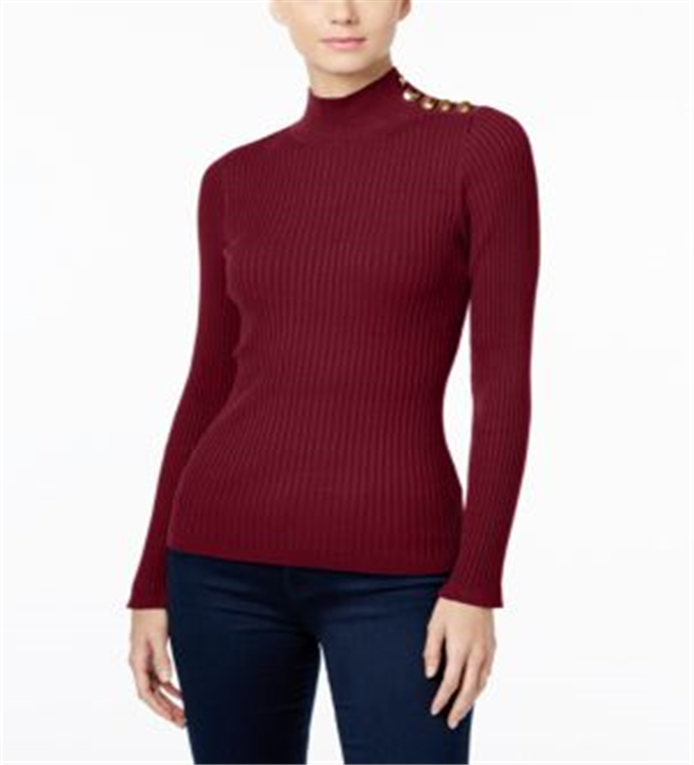 INC International Concepts Women's Mock neck Button trim Sweater Maroon Size L