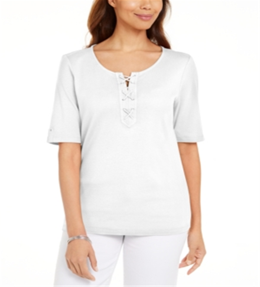 Karen Scott Women's Lace-up Elbow-Sleeve Top  White Size Large