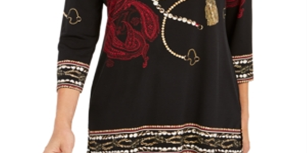 JM Collection Women's Printed Beaded Tunic  Black Size XS