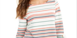 Charter Club Women's Striped Tie Sleeve Top White Size Petite S/M