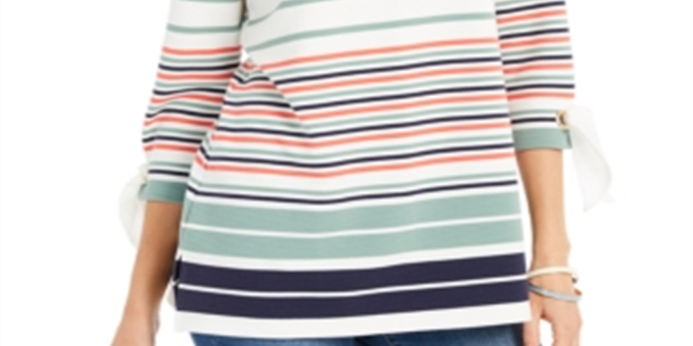 Charter Club Women's Striped Tie Sleeve Top White Size Petite S/M