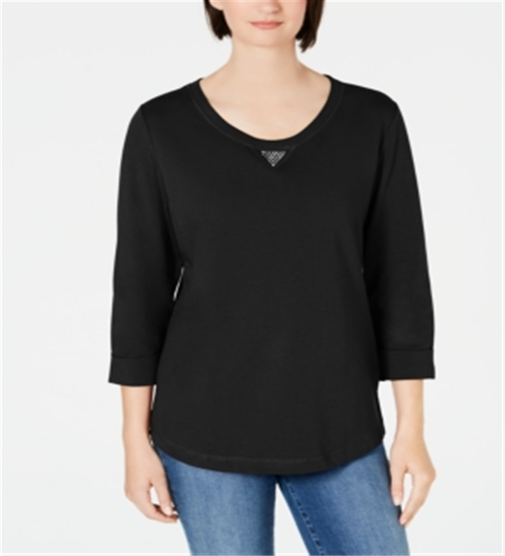 Karen Scott Women's Sport Cotton Studded 3/4-Sleeve Sweatshirt  Black Size Small