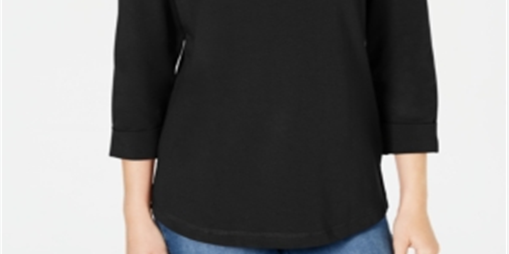 Karen Scott Women's Sport Cotton Studded 3/4-Sleeve Sweatshirt  Black Size Small