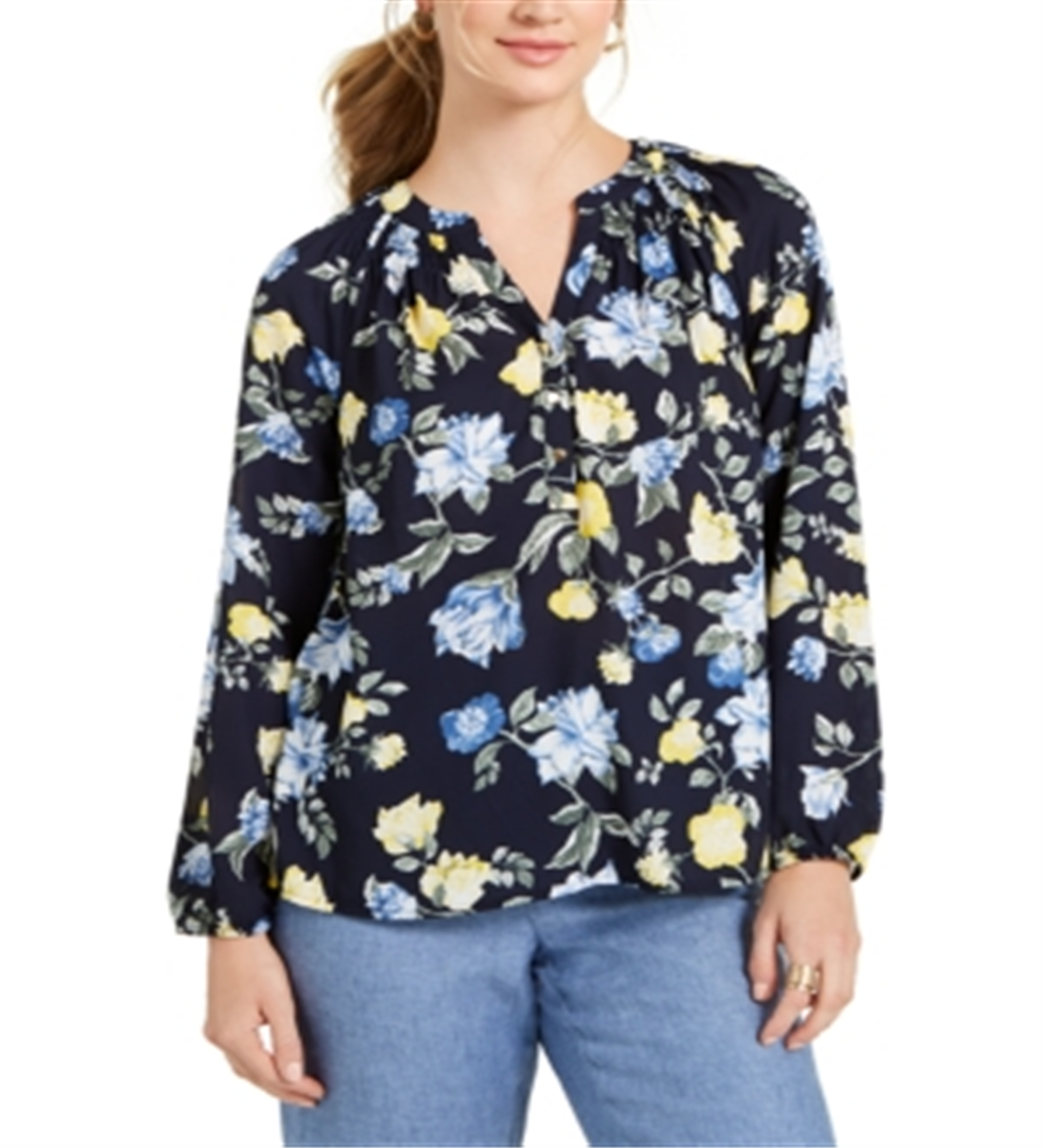 Charter Club Women's Floral-Print Georgette Blouse  Blue Size XL