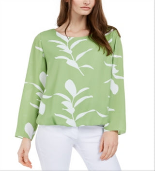 Alfani Women's Printed Balloon Hem Top Green Size Petite L