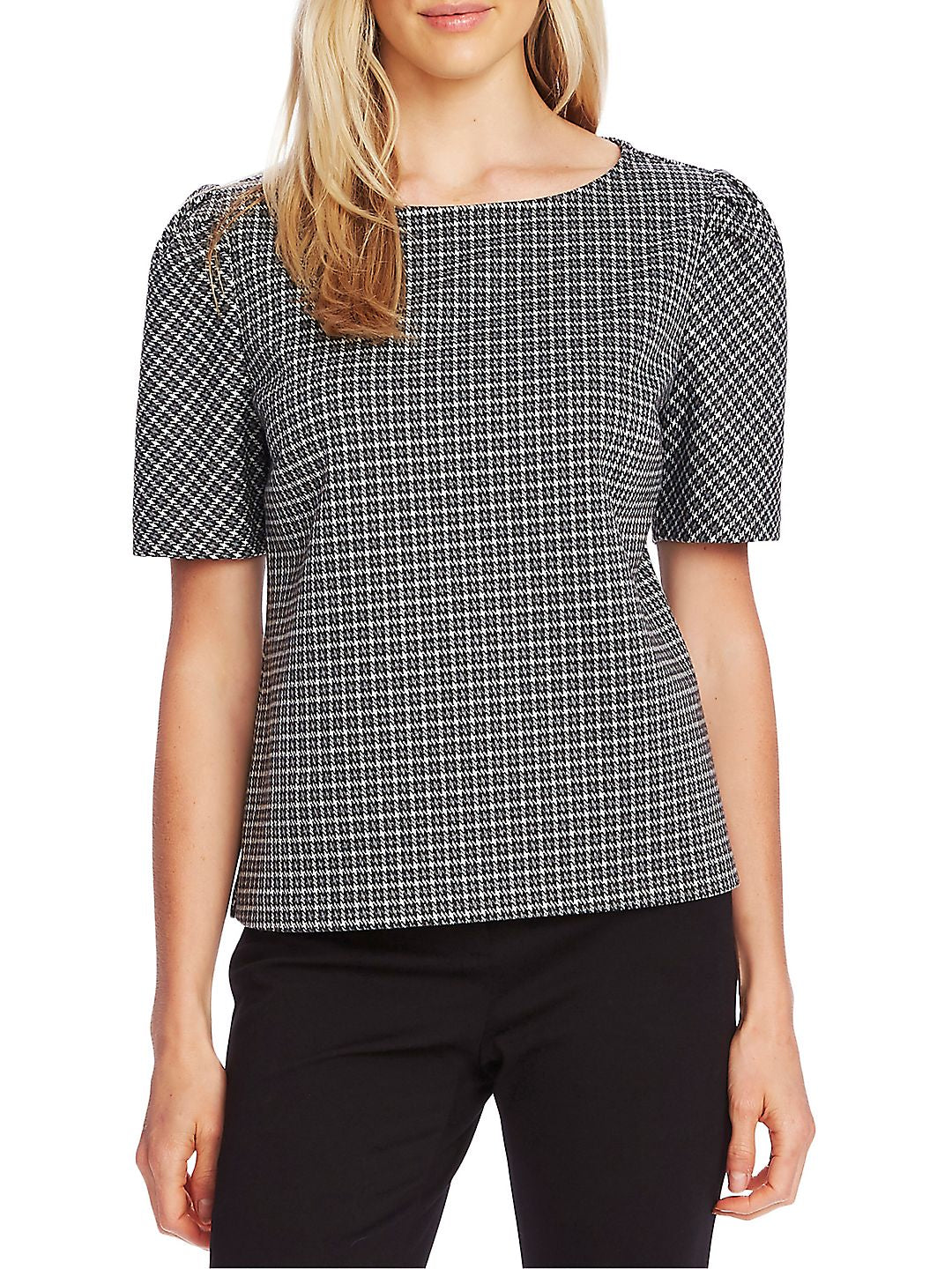 Vince Camuto Women's  Herringbone Short Sleeve Jewel Neck Wear to Work Top Gray Size XL