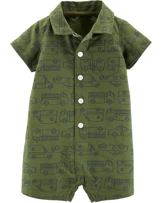 Carter's Baby Boy's Rescue Vehicle-Print Cotton Romper Green Size Newborn