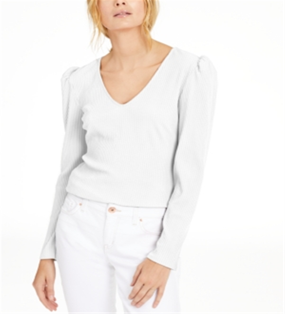 INC International Concepts Women's Puff Shoulder Ribbed Top White Size Petite XL