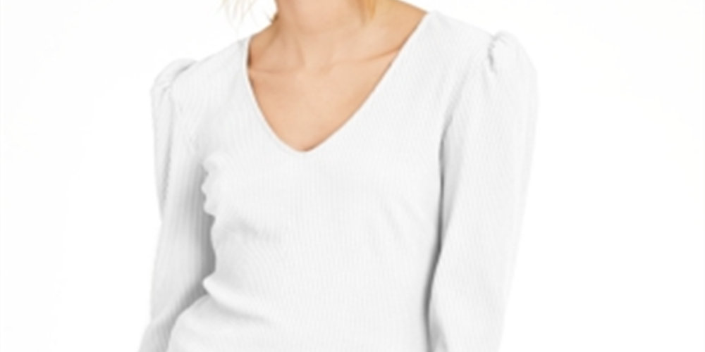 INC International Concepts Women's Puff Shoulder Ribbed Top White Size Petite XL