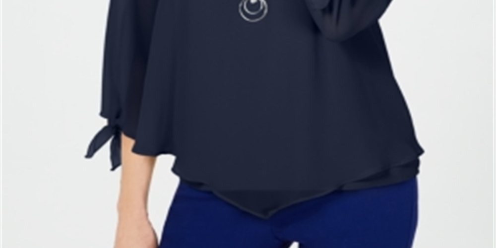 JM Collection Women's Chiffon Tie Cuff Top Blue Size Petite