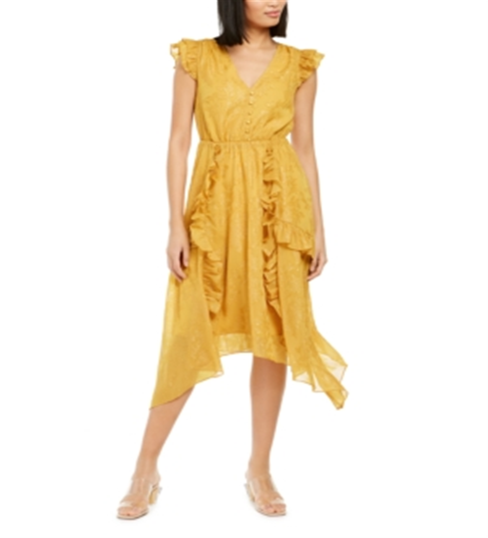 INC Women's Petite Burnout-Print MIDI Dress  Yellow Size Petite M