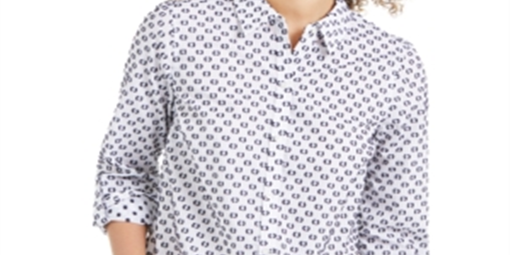 Charter Club Women's Linen Printed Textured Shirt Blue Size Large