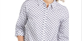 Charter Club Women's Linen Printed Textured Shirt Blue Size Large