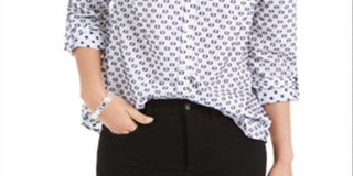 Charter Club Women's Linen Printed Textured Shirt Blue Size Large