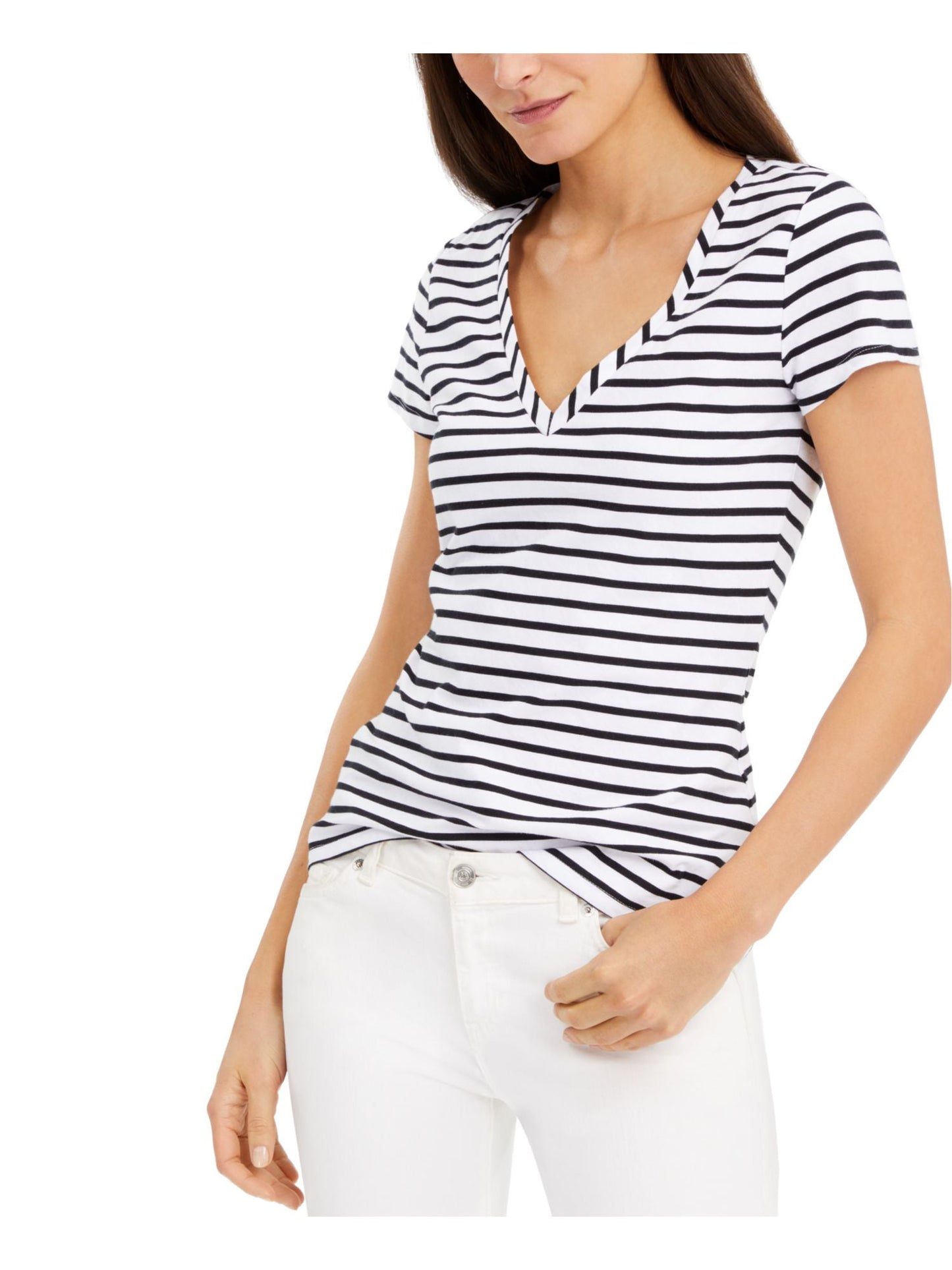 INC International Concepts Women's Striped Basic T-Shirt -White Black Size Large